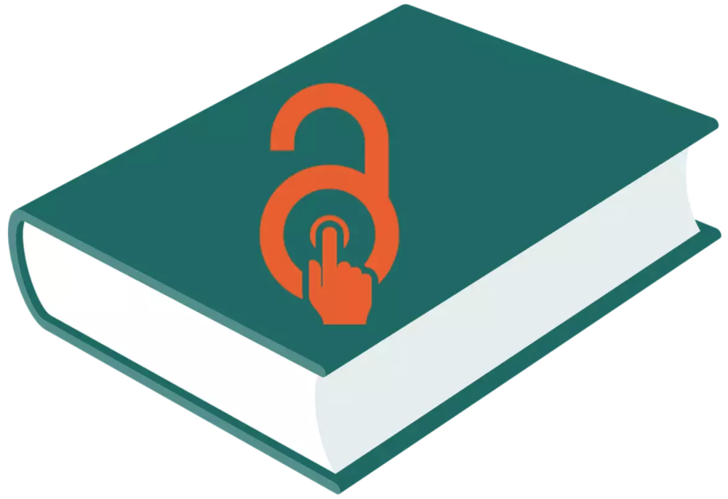 A closed book with a dark green cover. On the front of the book is an orange open lock symbol, commonly associated with open access. Inside the open lock, there is an orange hand icon with a finger pointing, representing open access to information or resources.